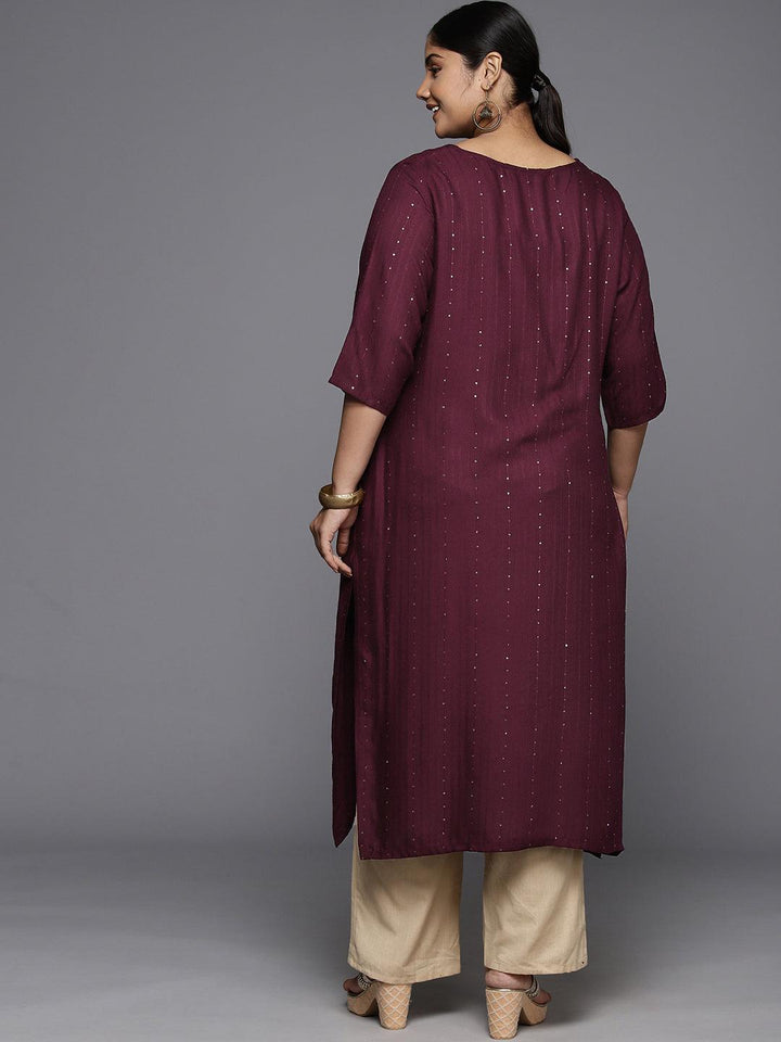 Plus Size Burgundy Rayon Embroidered Straight Kurta - ShopLibas