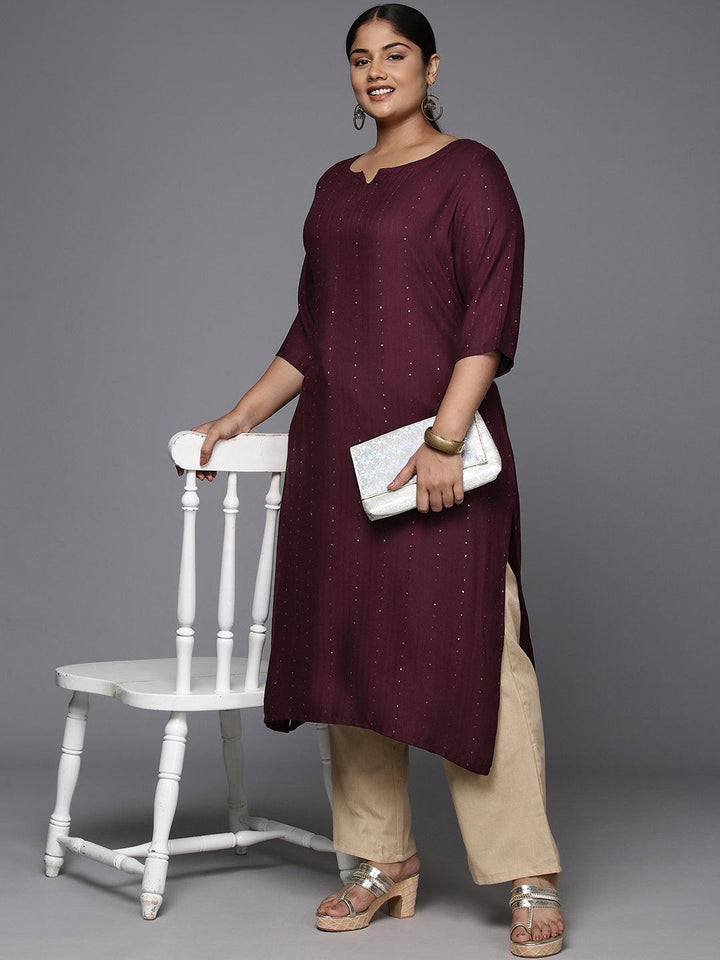 Plus Size Burgundy Rayon Embroidered Straight Kurta - ShopLibas