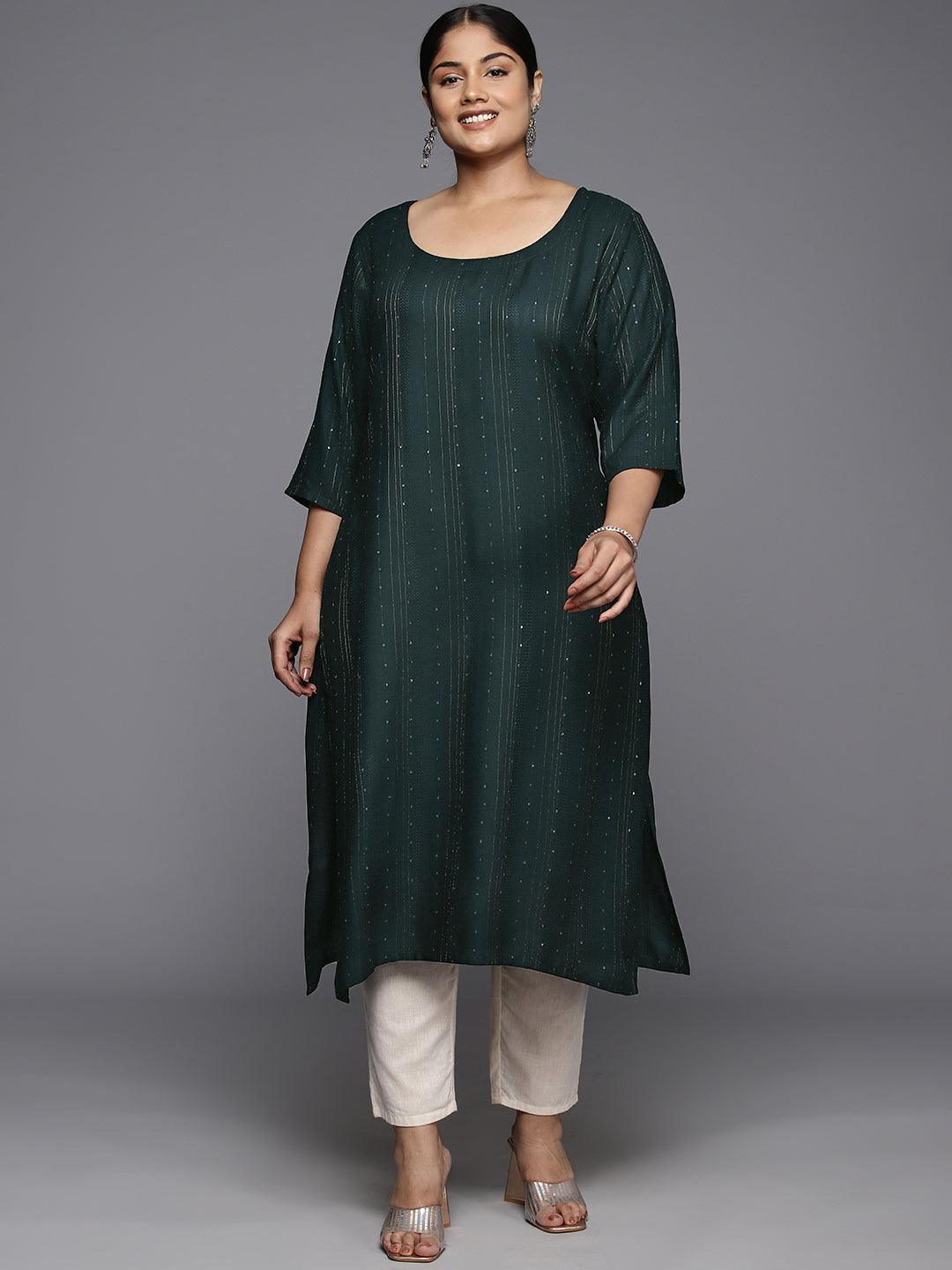 Plus Size Green Rayon Embroidered Straight Kurta