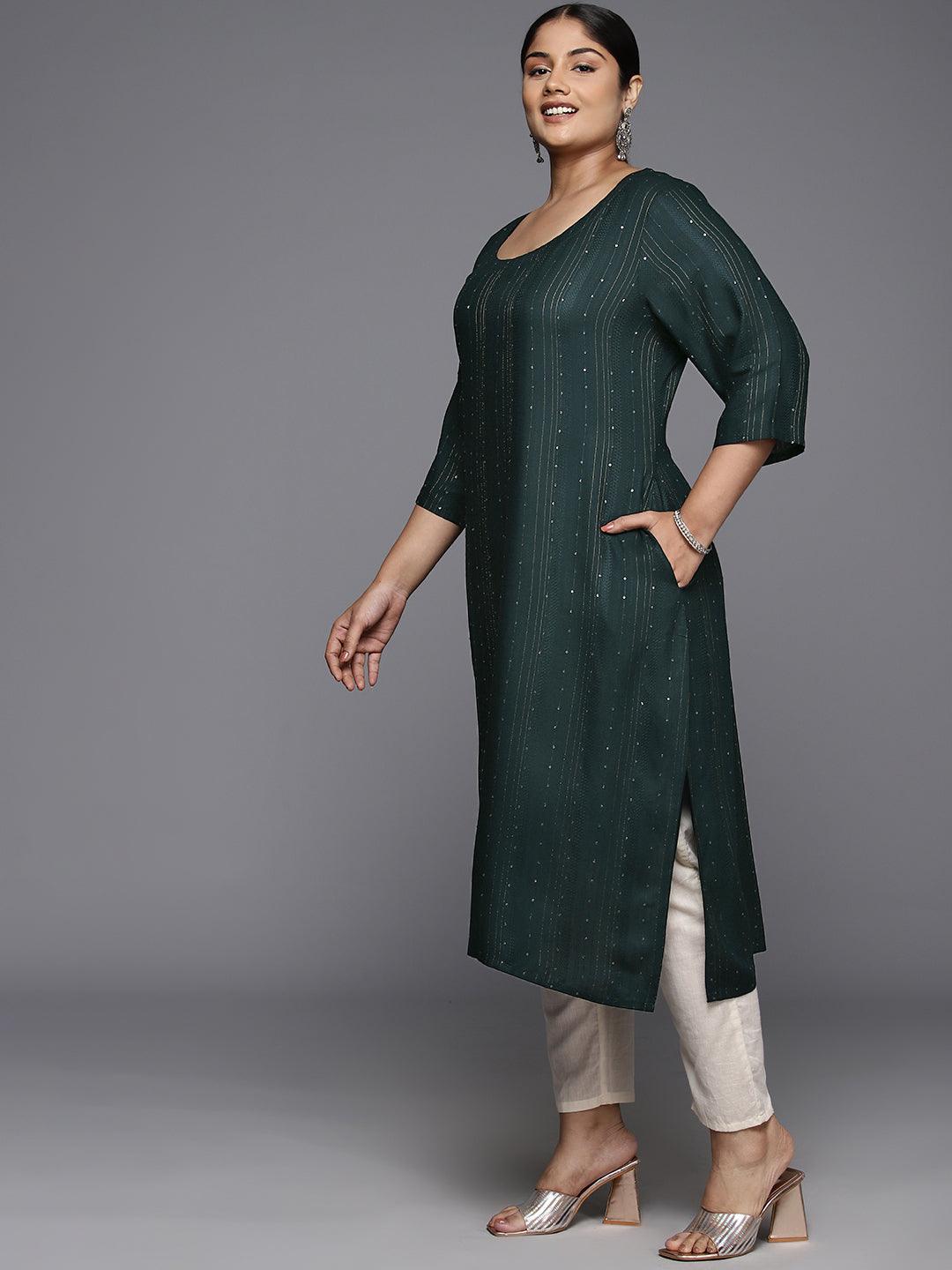 Plus Size Green Rayon Embroidered Straight Kurta