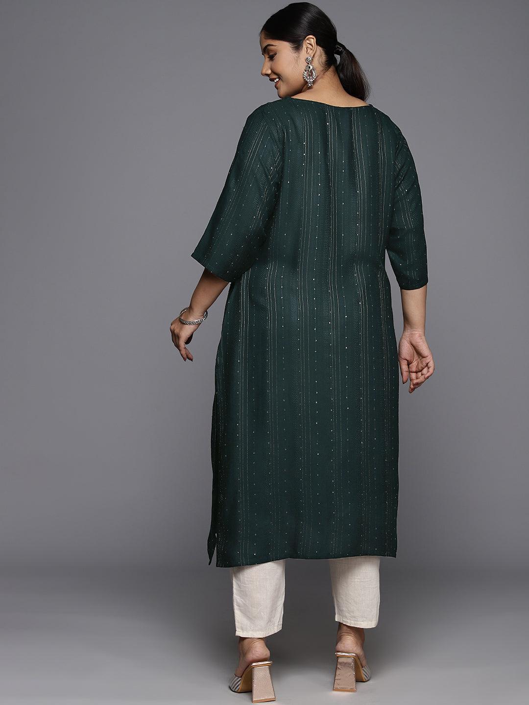 Plus Size Green Rayon Embroidered Straight Kurta