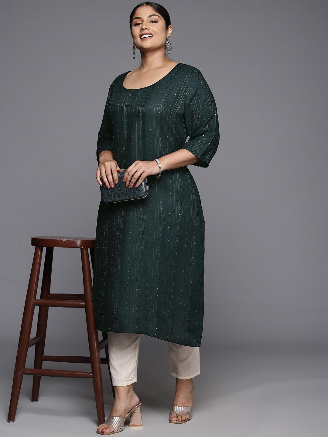 Plus Size Green Rayon Embroidered Straight Kurta