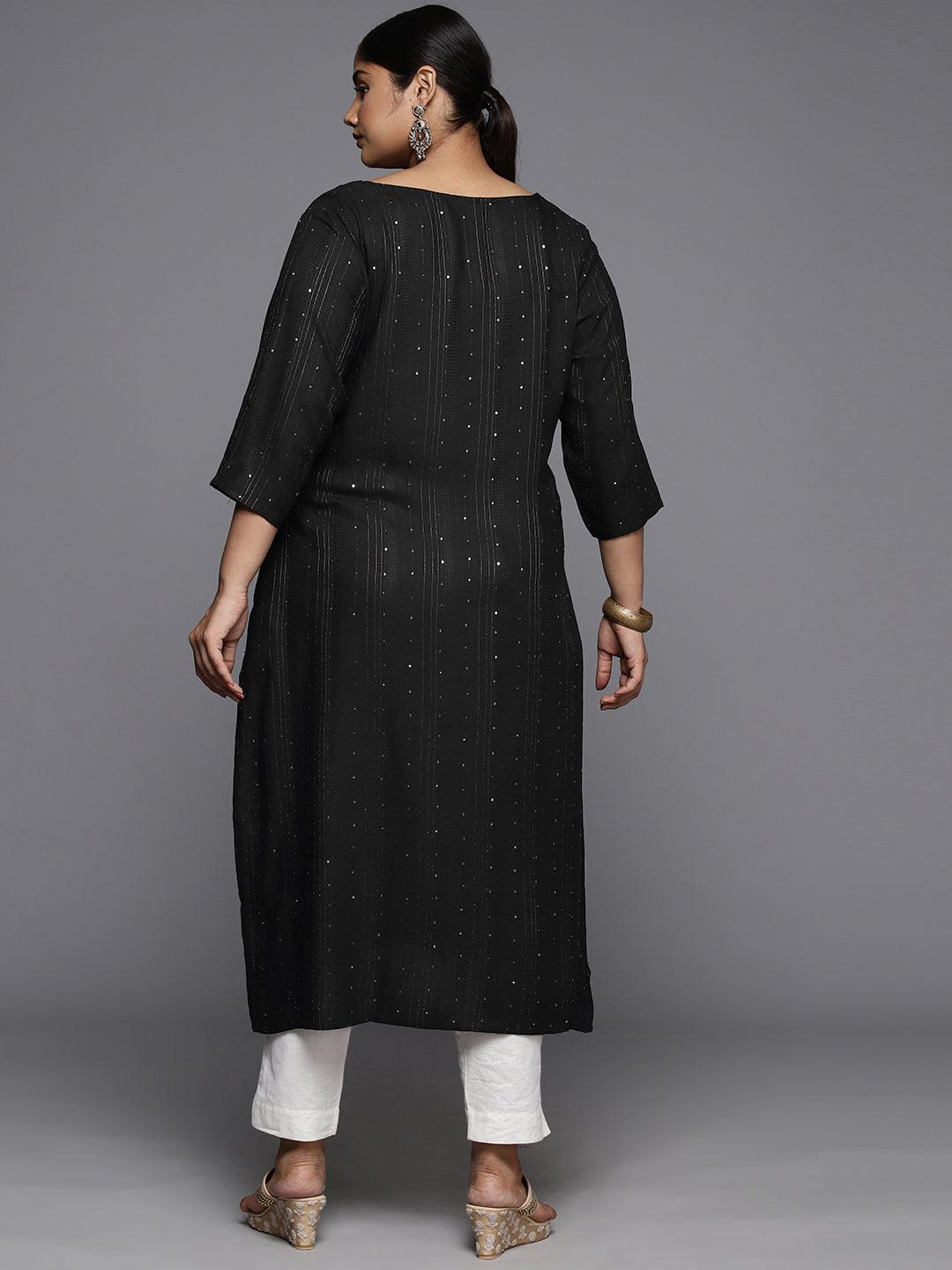 Plus Size Grey Rayon Embroidered Straight Kurta - ShopLibas