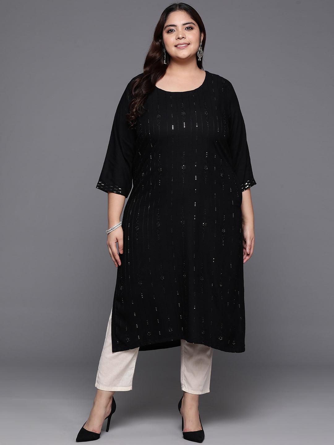 Plus Size Black Embroidered Rayon Straight Kurta - ShopLibas