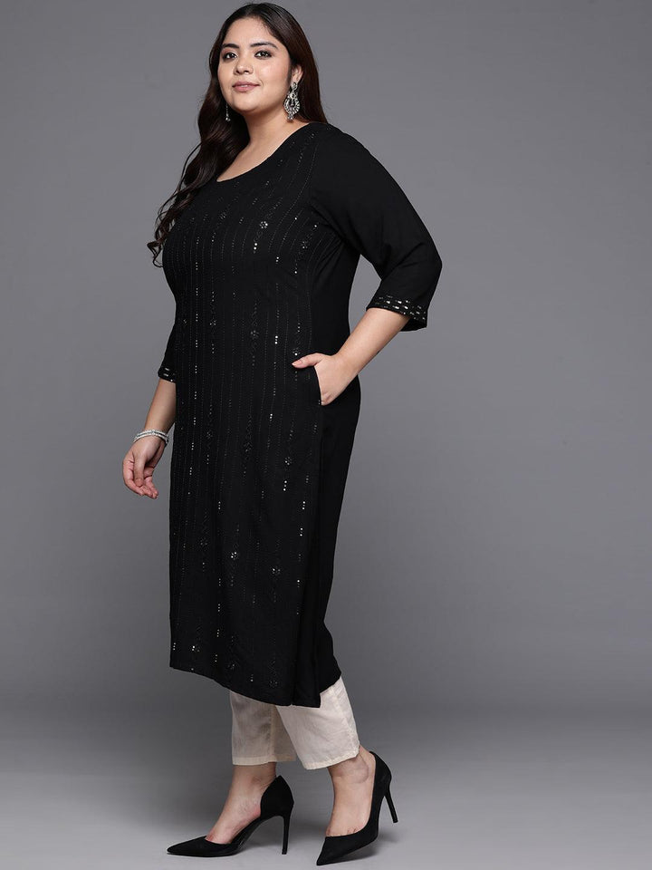 Plus Size Black Embroidered Rayon Straight Kurta - ShopLibas