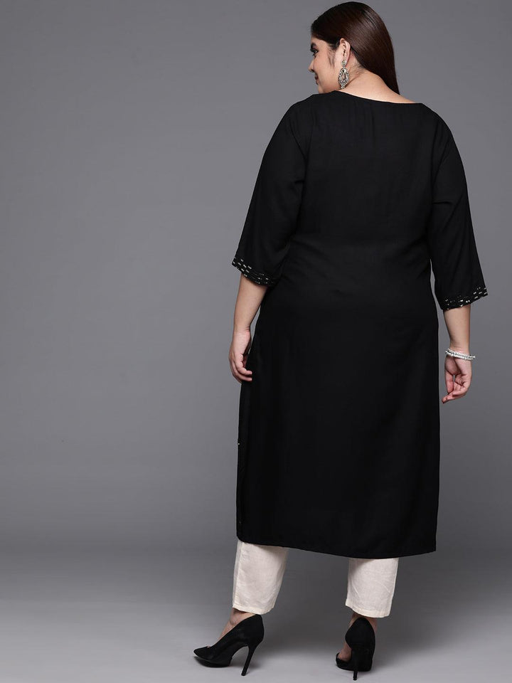 Plus Size Black Embroidered Rayon Straight Kurta - ShopLibas