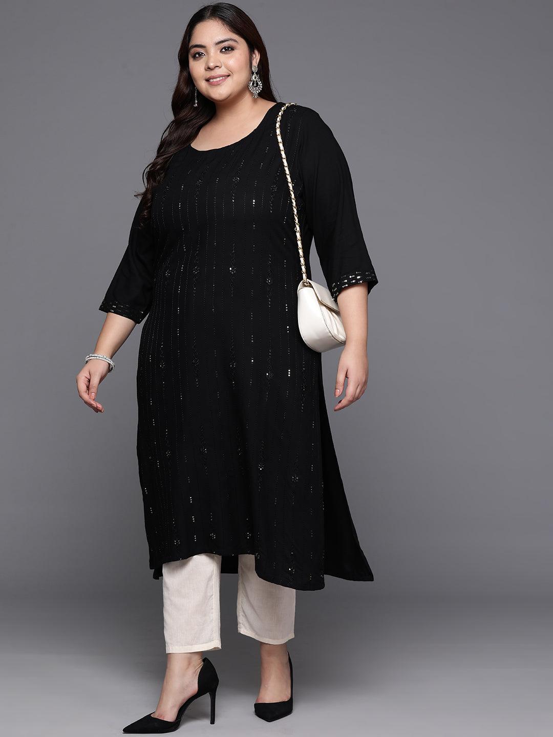 Plus Size Black Embroidered Rayon Straight Kurta - ShopLibas