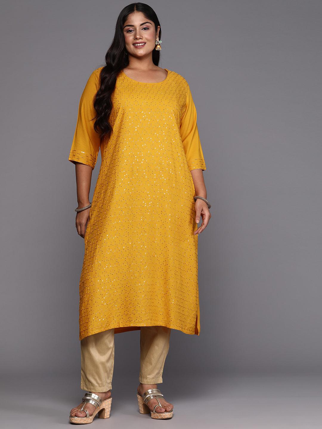 Mustard Embroidered Rayon Straight Kurta