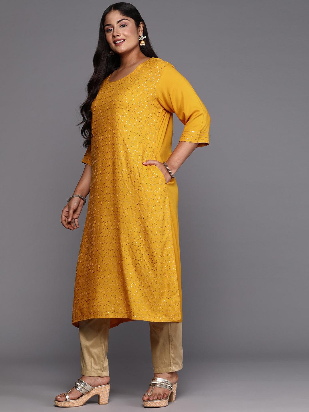 Mustard Embroidered Rayon Straight Kurta