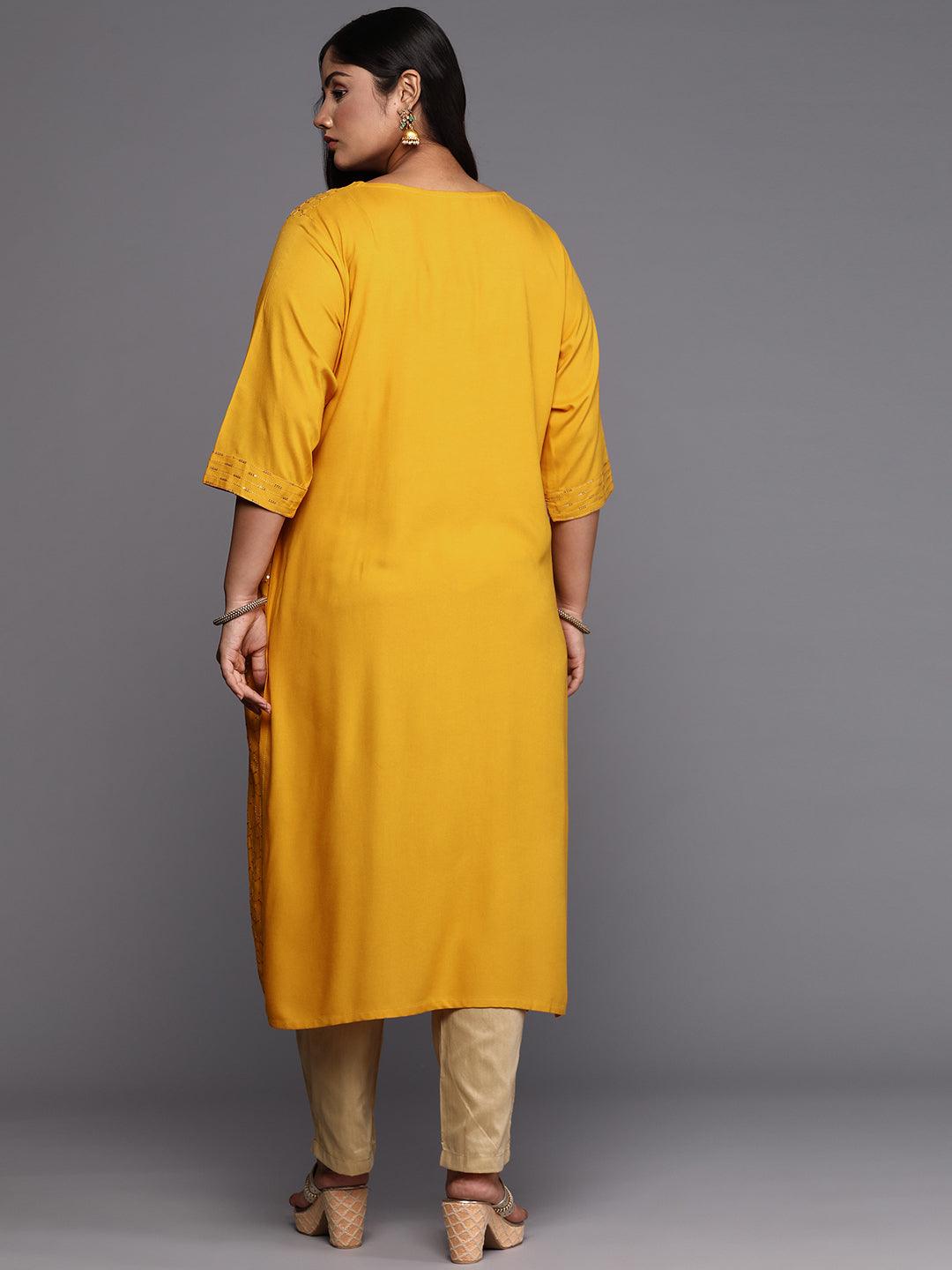 Mustard Embroidered Rayon Straight Kurta