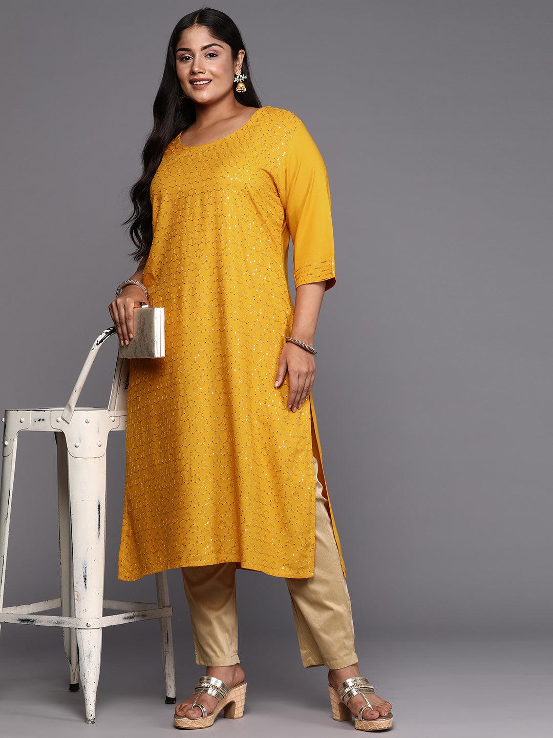 Mustard Embroidered Rayon Straight Kurta