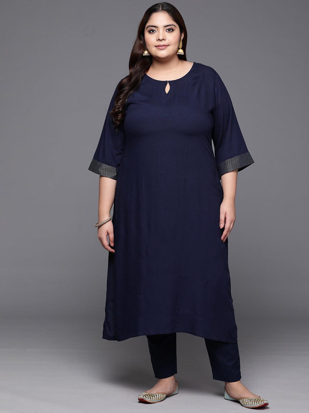 Plus Size Navy Solid Rayon Straight Kurta - ShopLibas