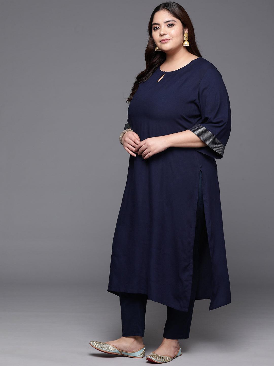 Plus Size Navy Solid Rayon Straight Kurta - ShopLibas