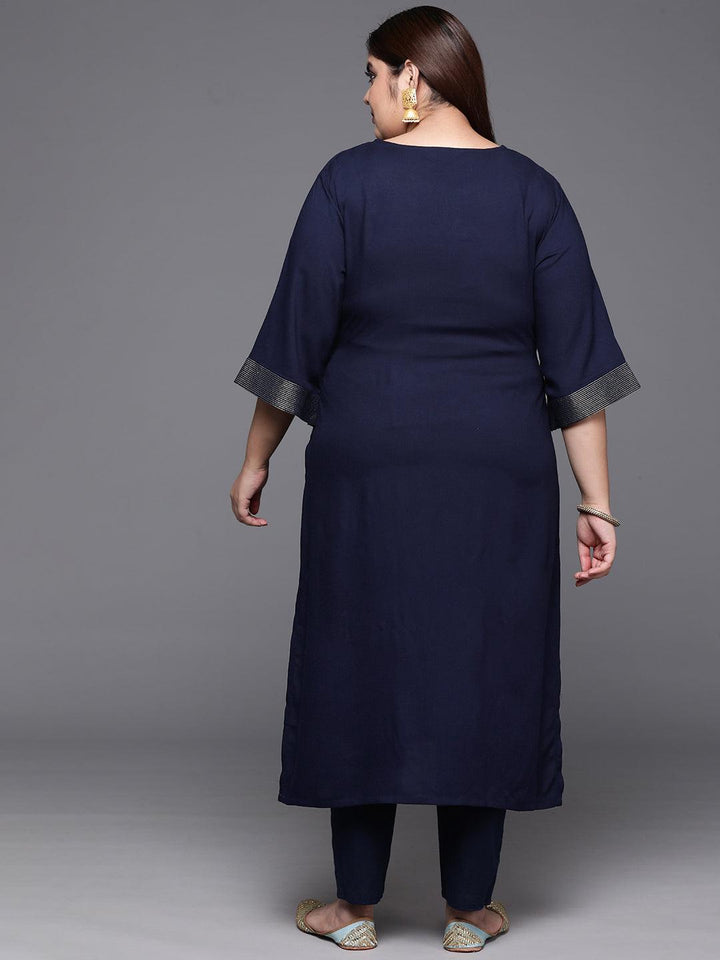 Plus Size Navy Solid Rayon Straight Kurta - ShopLibas