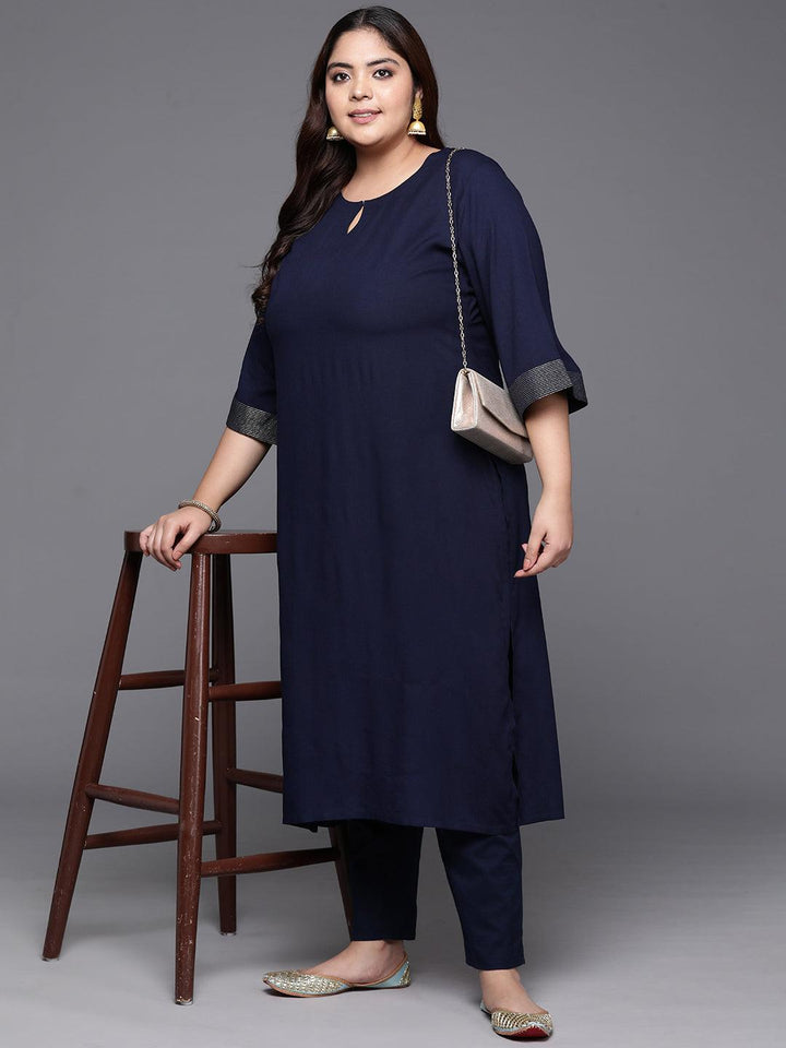 Plus Size Navy Solid Rayon Straight Kurta - ShopLibas