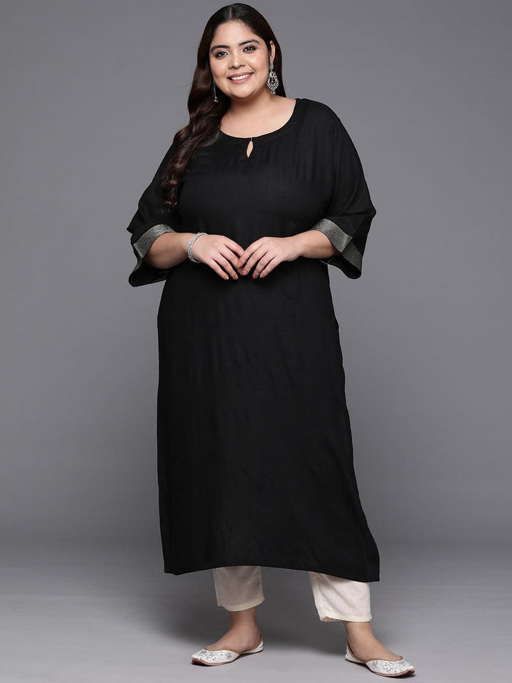 Plus Size Black Solid Rayon Straight Kurta - ShopLibas