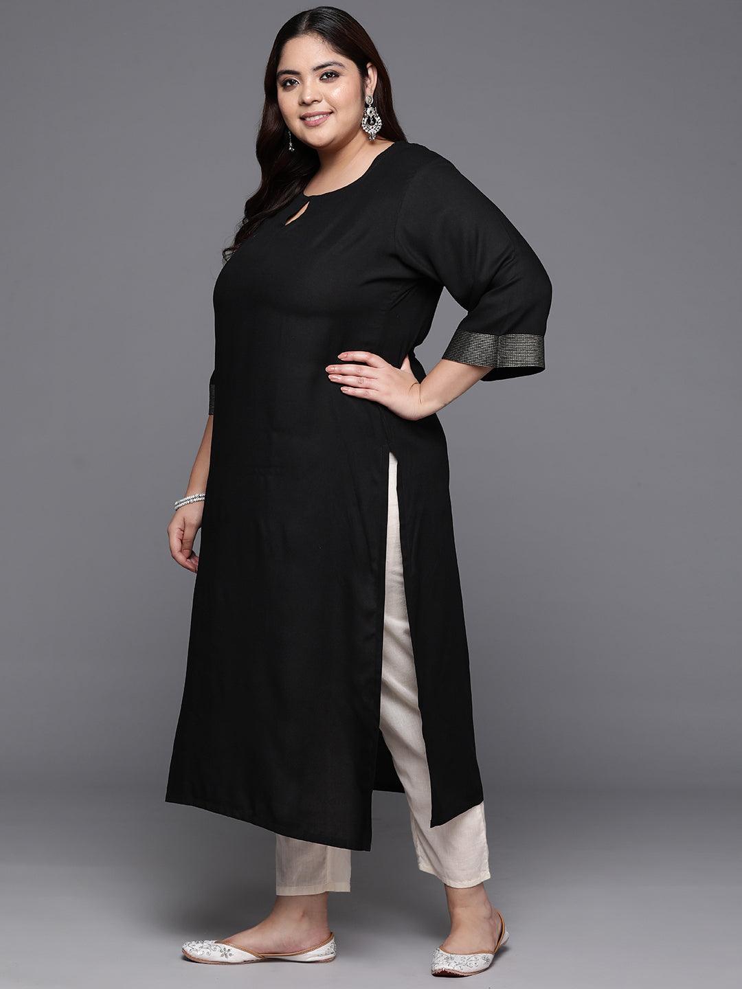 Plus Size Black Solid Rayon Straight Kurta - ShopLibas