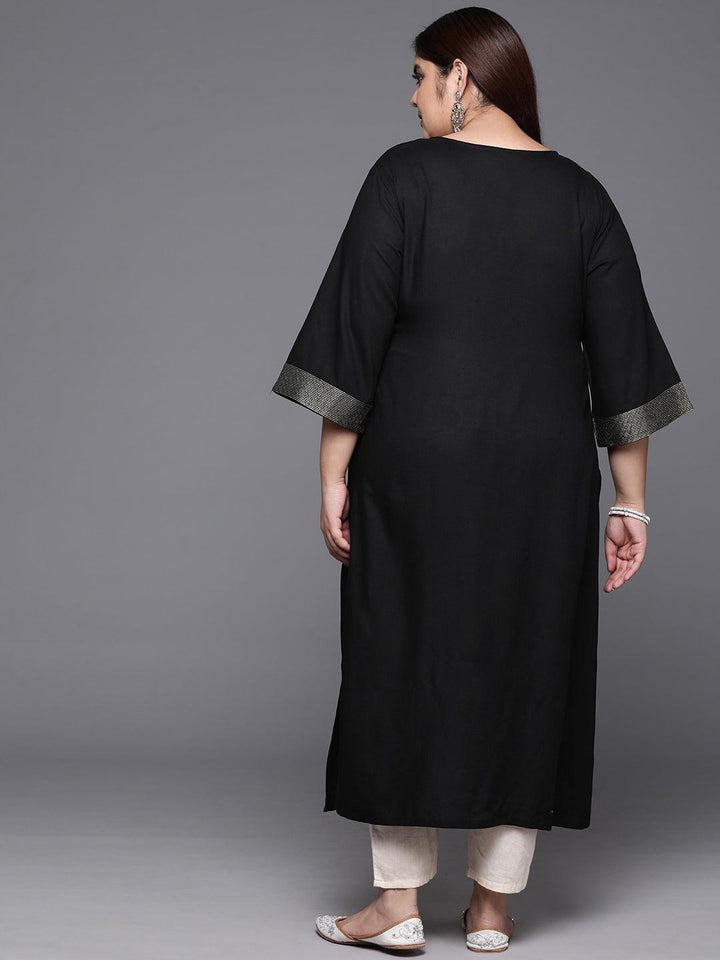 Plus Size Black Solid Rayon Straight Kurta - ShopLibas