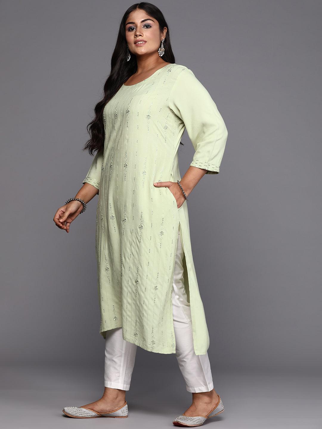 Pista Green Embroidered Rayon Straight Kurta