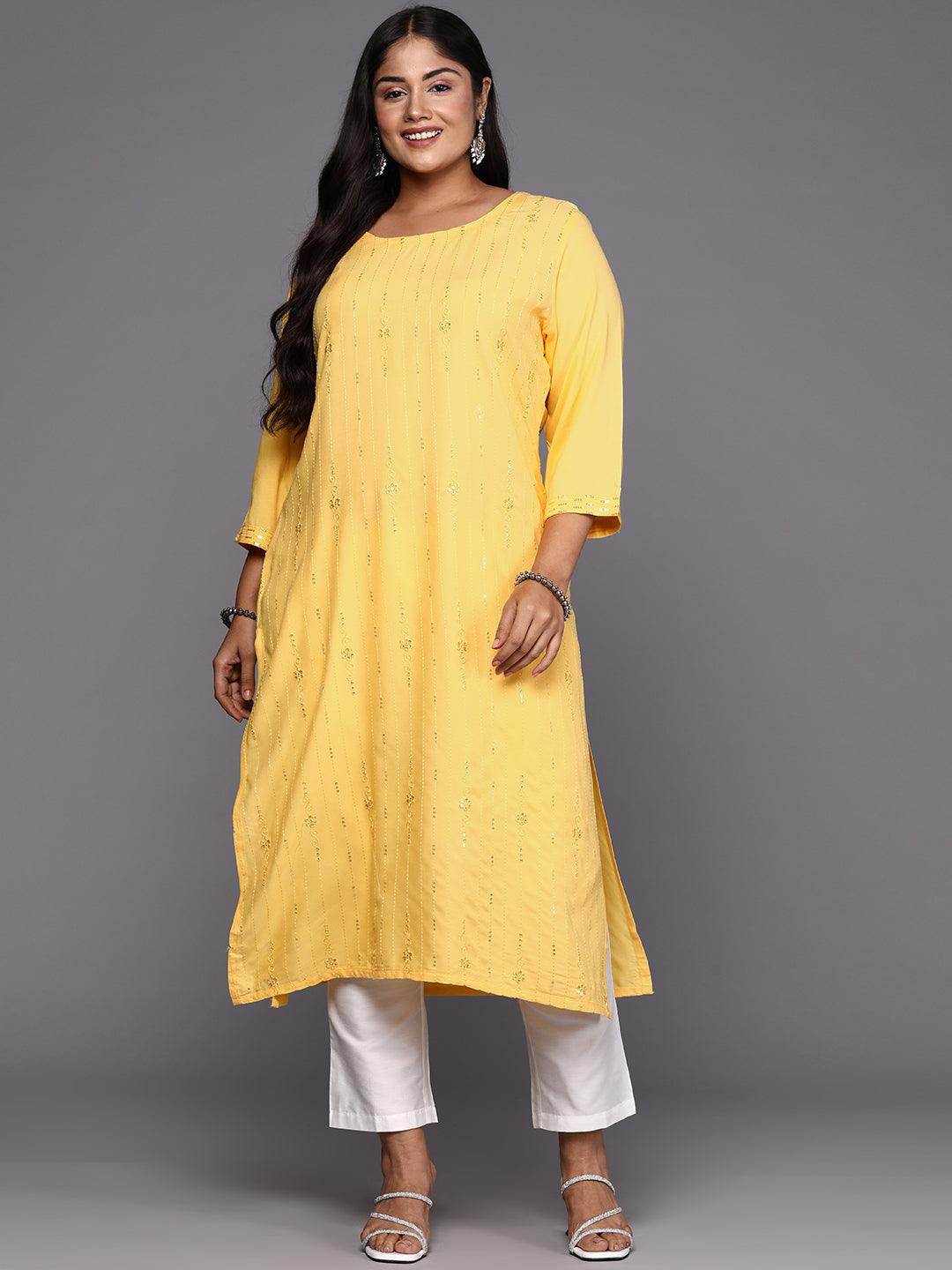 Yellow Embroidered Rayon Straight Kurta - ShopLibas