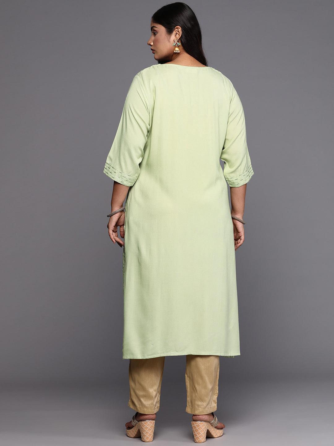 Green Embroidered Rayon Straight Kurta