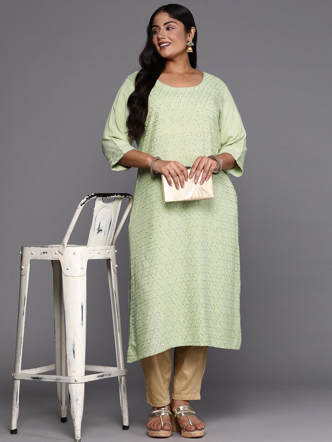 Green Embroidered Rayon Straight Kurta