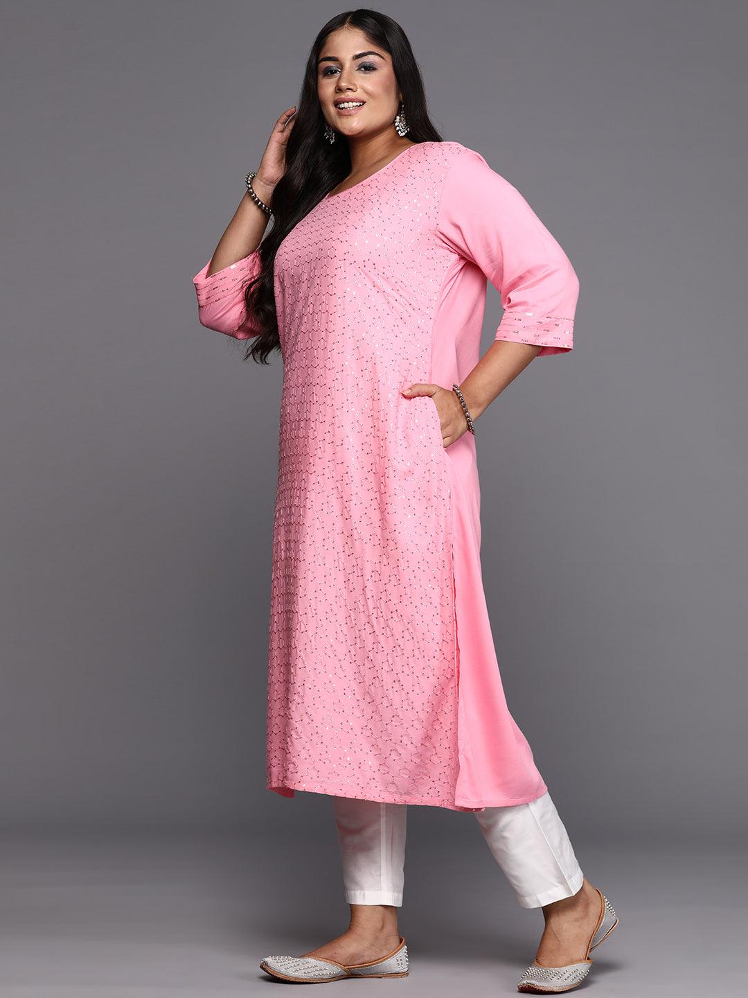 Pink Embroidered Rayon Straight Kurta