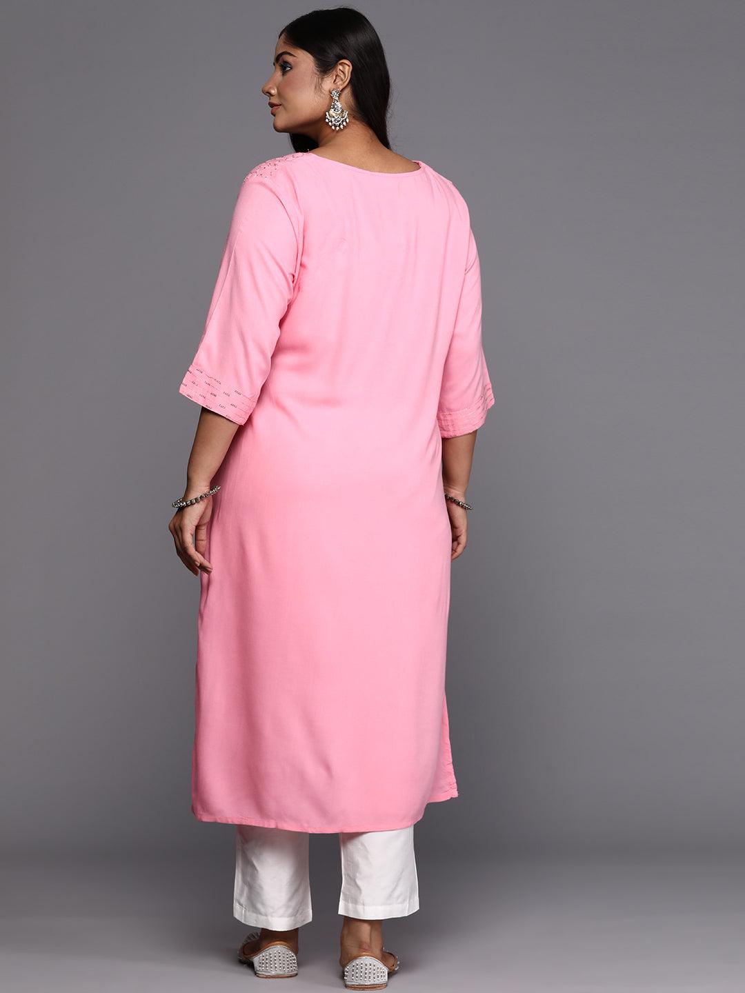 Pink Embroidered Rayon Straight Kurta