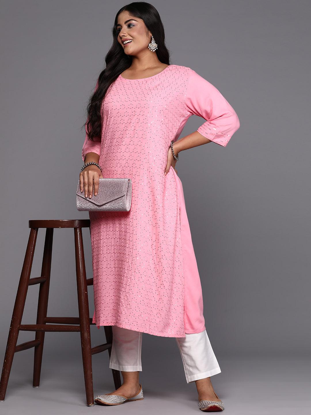 Pink Embroidered Rayon Straight Kurta