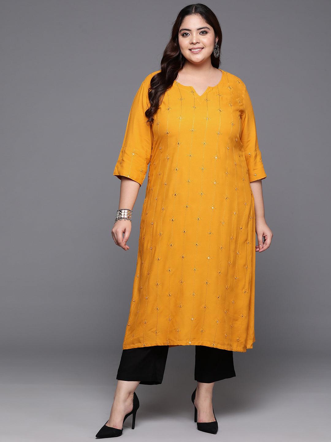 Plus Size Mustard Embroidered Rayon Straight Kurta