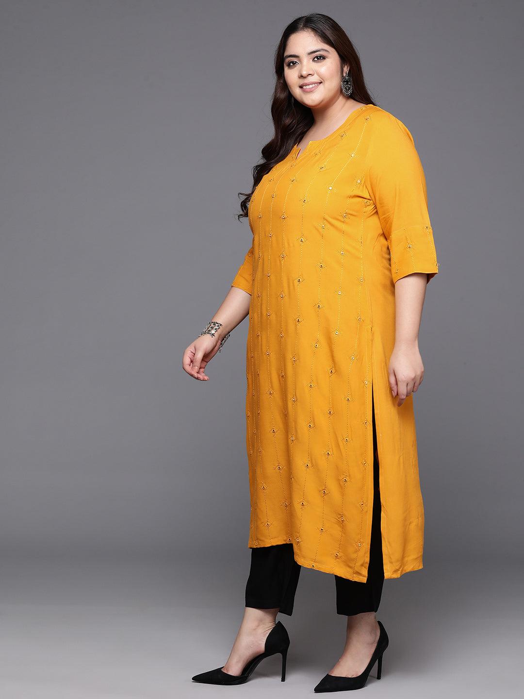 Plus Size Mustard Embroidered Rayon Straight Kurta