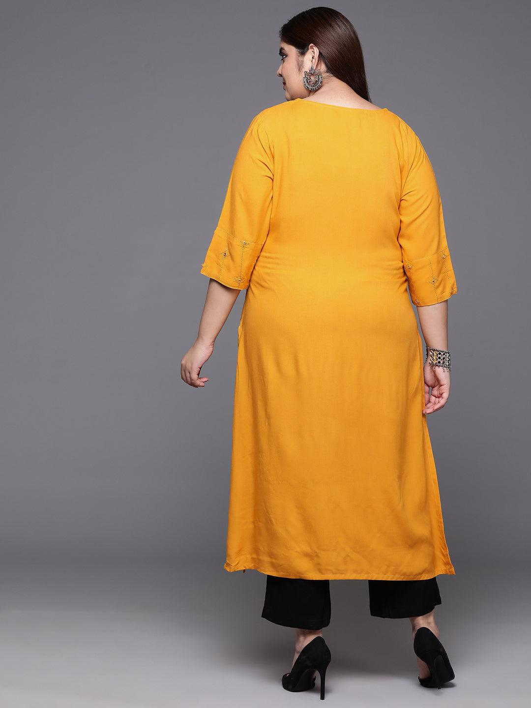 Plus Size Mustard Embroidered Rayon Straight Kurta