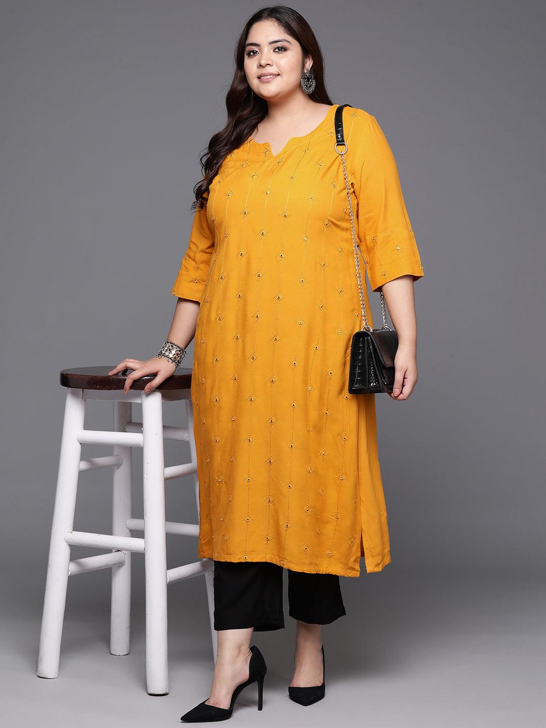 Plus Size Mustard Embroidered Rayon Straight Kurta