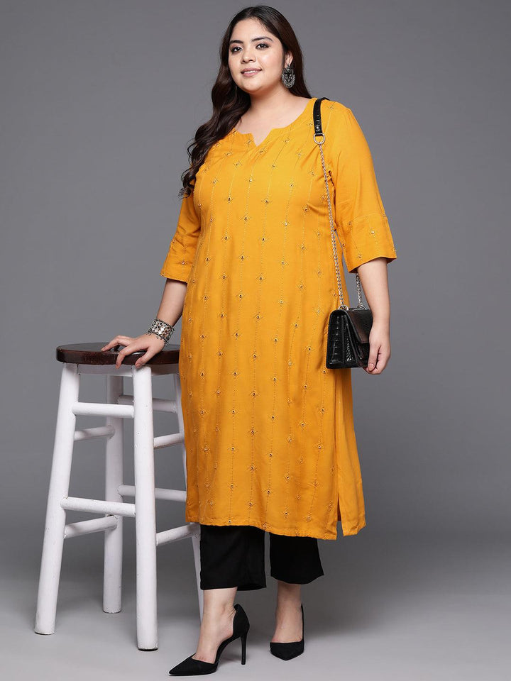 Plus Size Mustard Embroidered Rayon Straight Kurta - ShopLibas