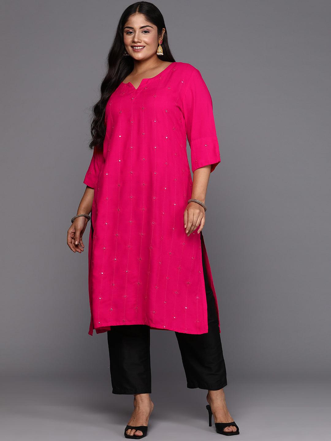 Pink Embroidered Rayon Straight Kurta