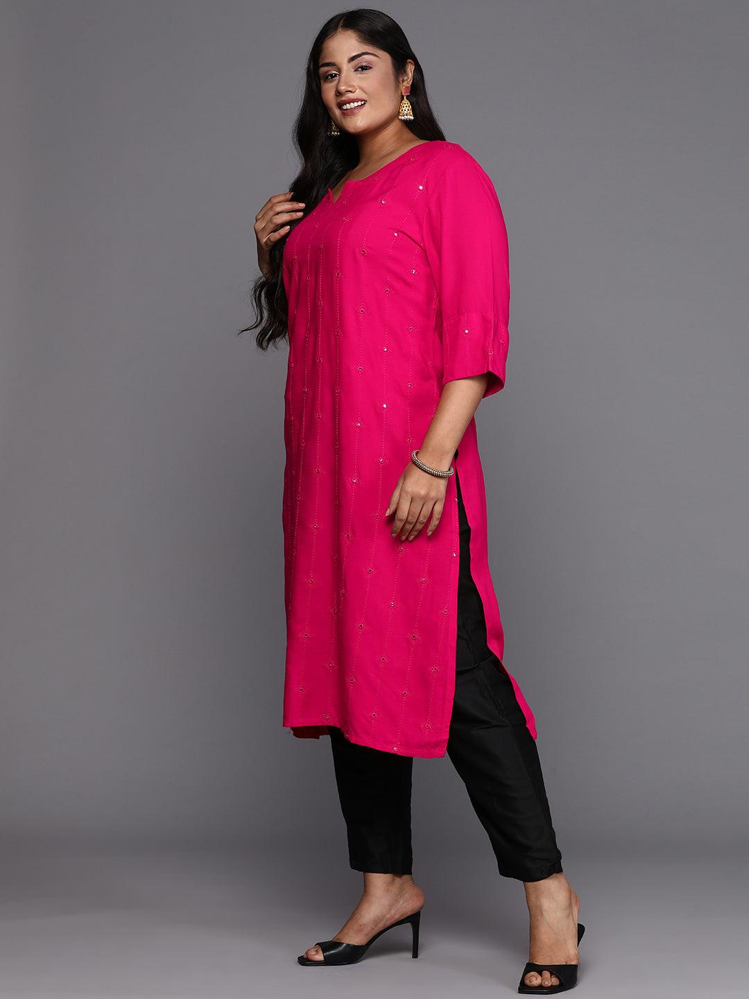 Pink Embroidered Rayon Straight Kurta