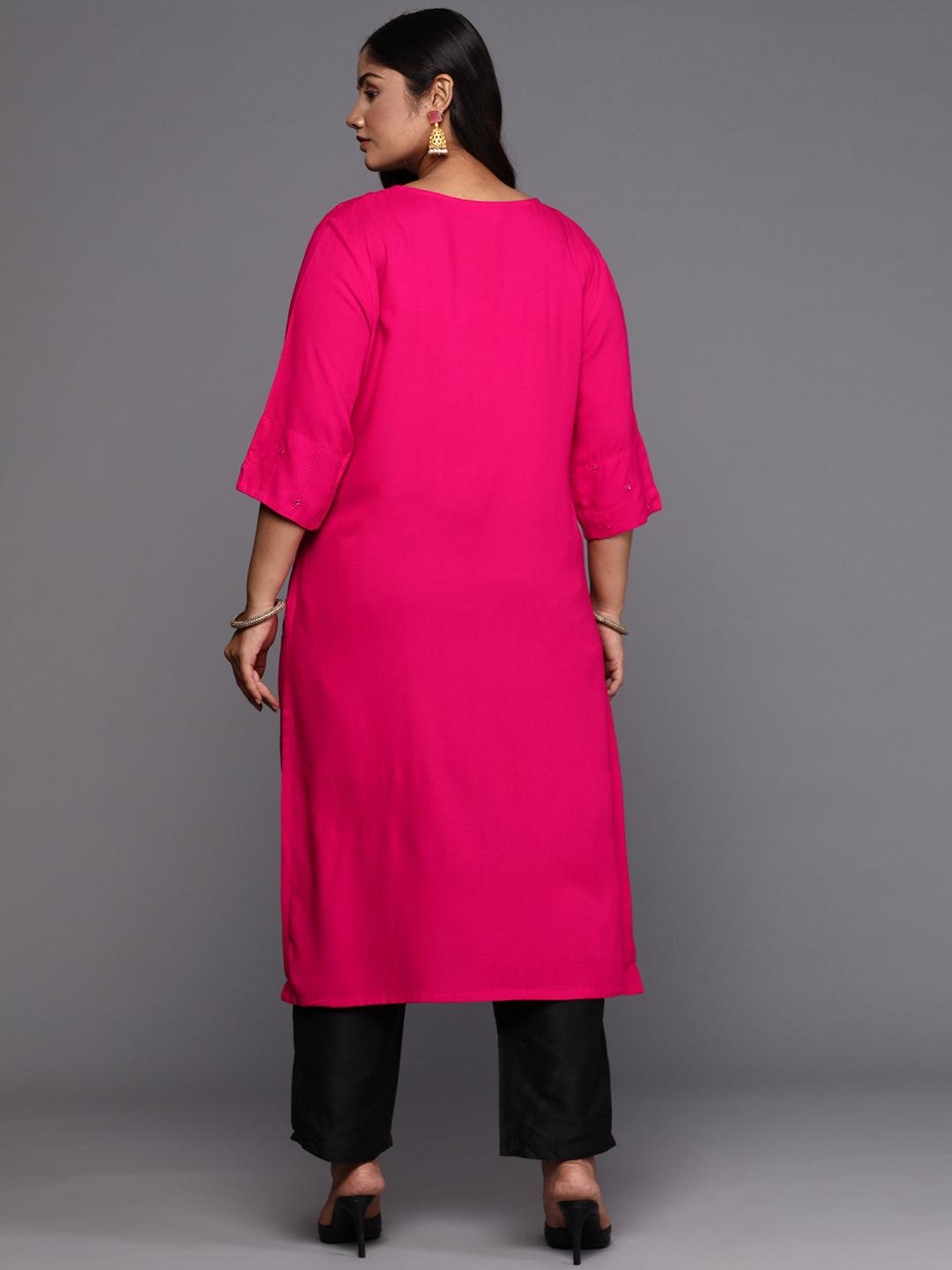 Pink Embroidered Rayon Straight Kurta