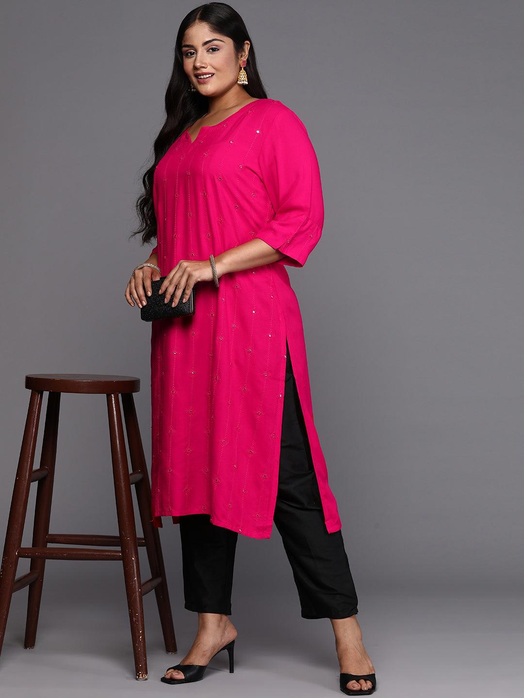 Pink Embroidered Rayon Straight Kurta