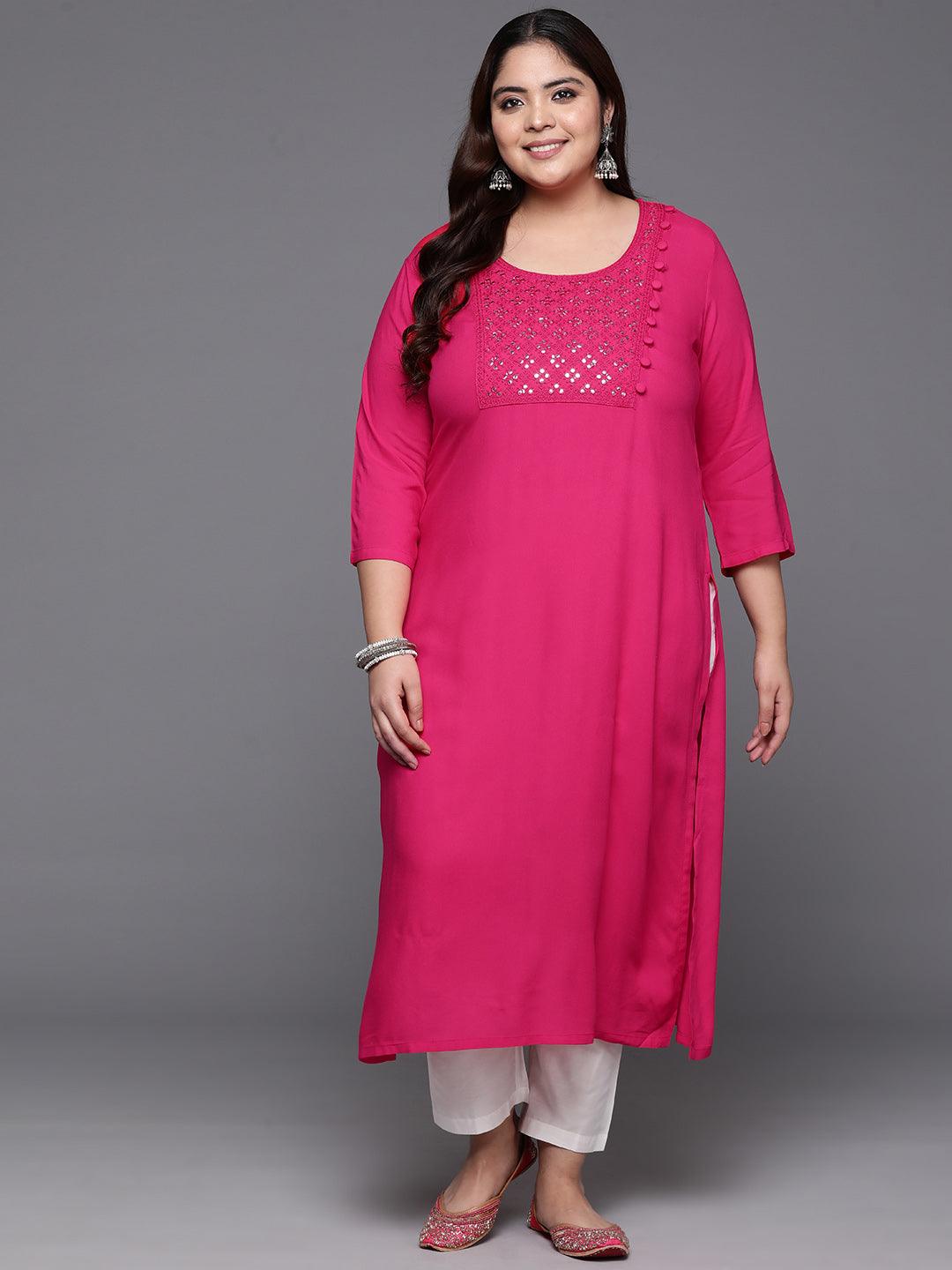 Plus Size Hot Pink Embellished Rayon Straight Kurta