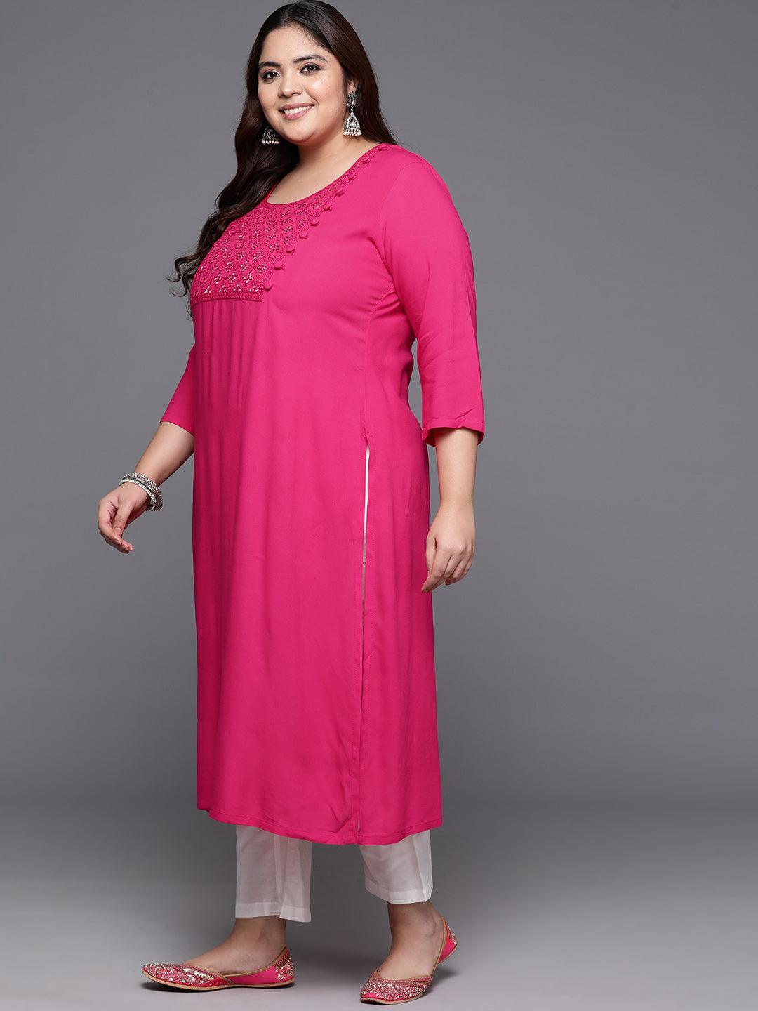 Plus Size Hot Pink Embellished Rayon Straight Kurta