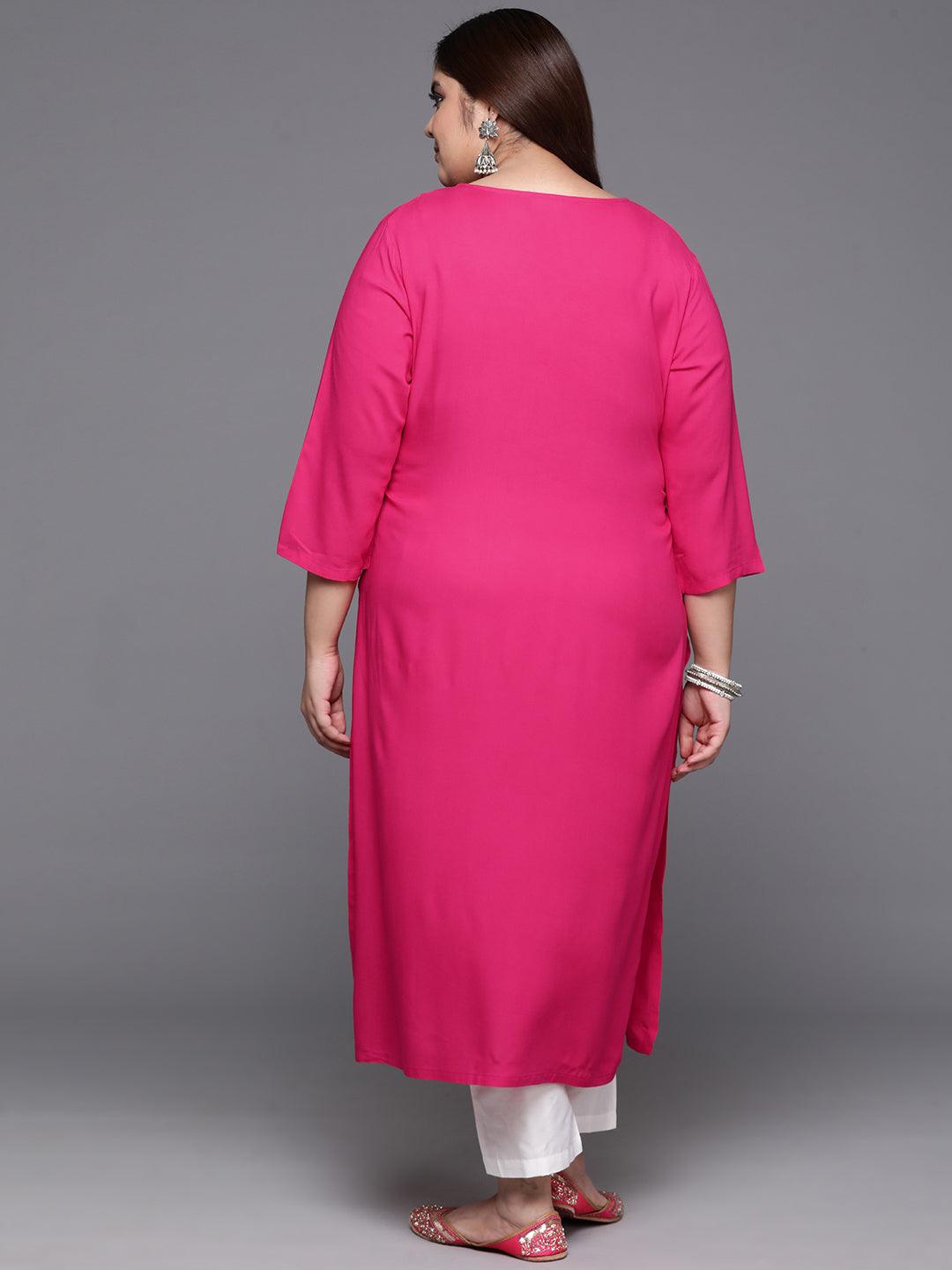 Plus Size Hot Pink Embellished Rayon Straight Kurta