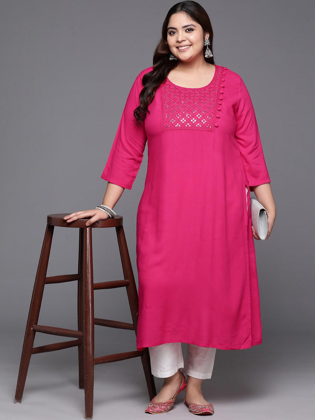 Plus Size Hot Pink Embellished Rayon Straight Kurta