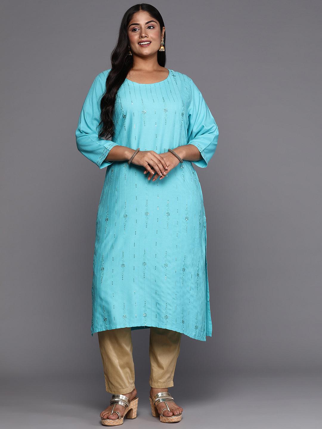 Blue Embroidered Rayon Straight Kurta