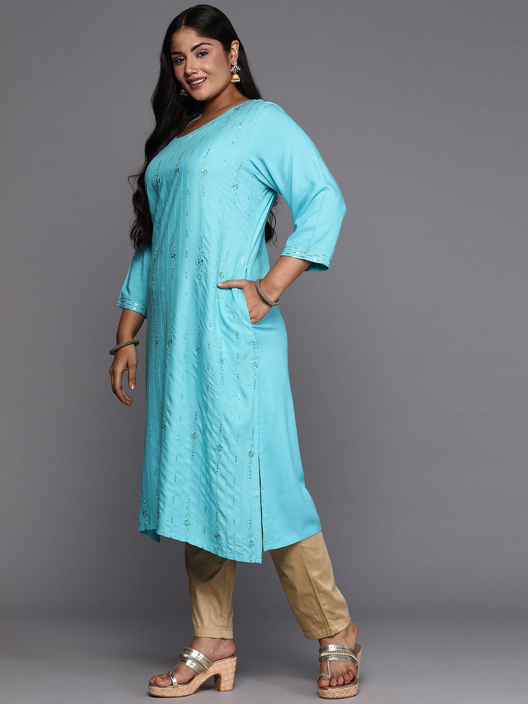 Blue Embroidered Rayon Straight Kurta