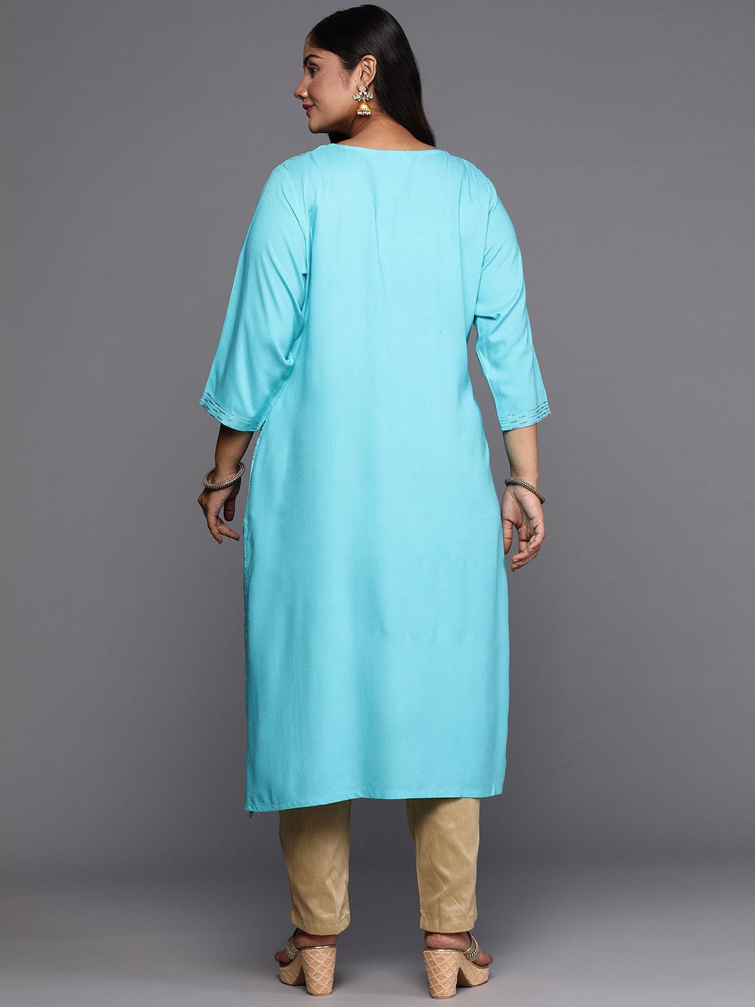 Blue Embroidered Rayon Straight Kurta