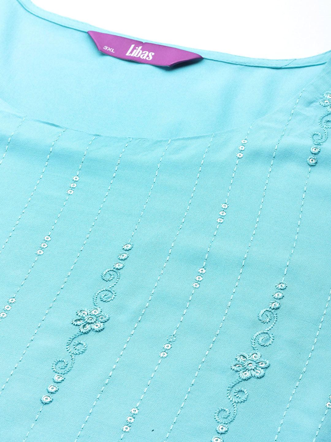 Blue Embroidered Rayon Straight Kurta