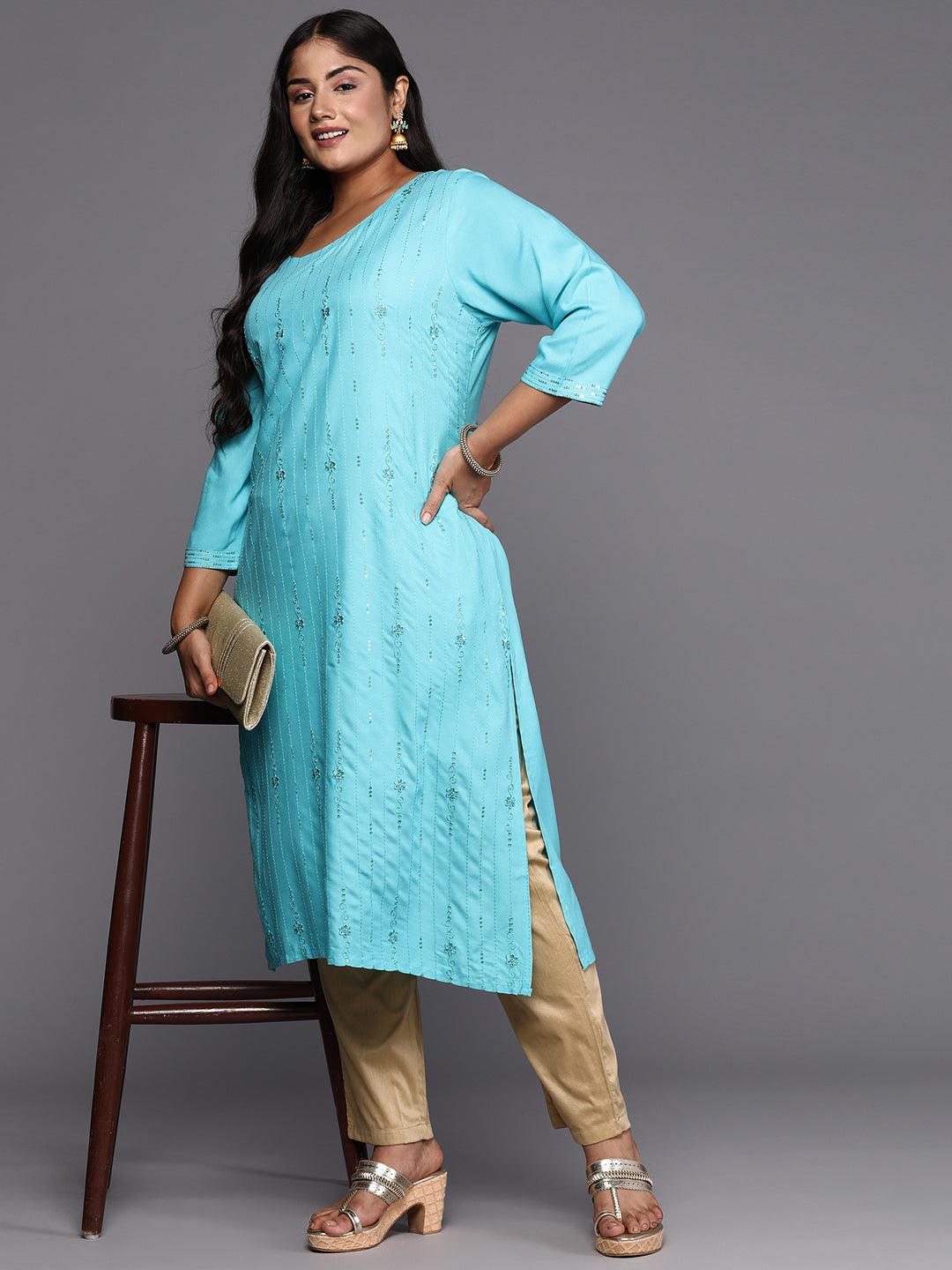 Blue Embroidered Rayon Straight Kurta