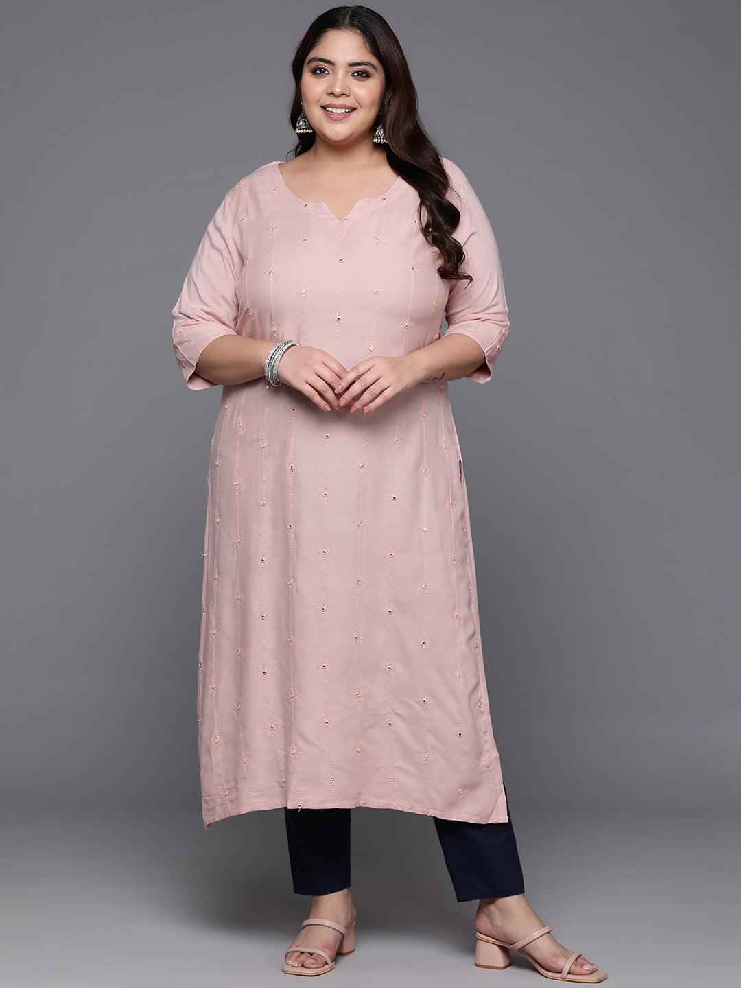 Plus Size Pink Embroidered Rayon Straight Kurta