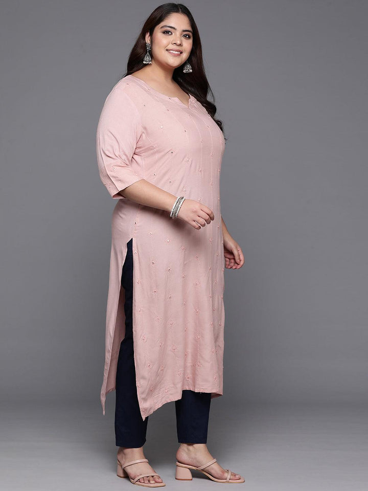 Plus Size Pink Embroidered Rayon Straight Kurta - ShopLibas