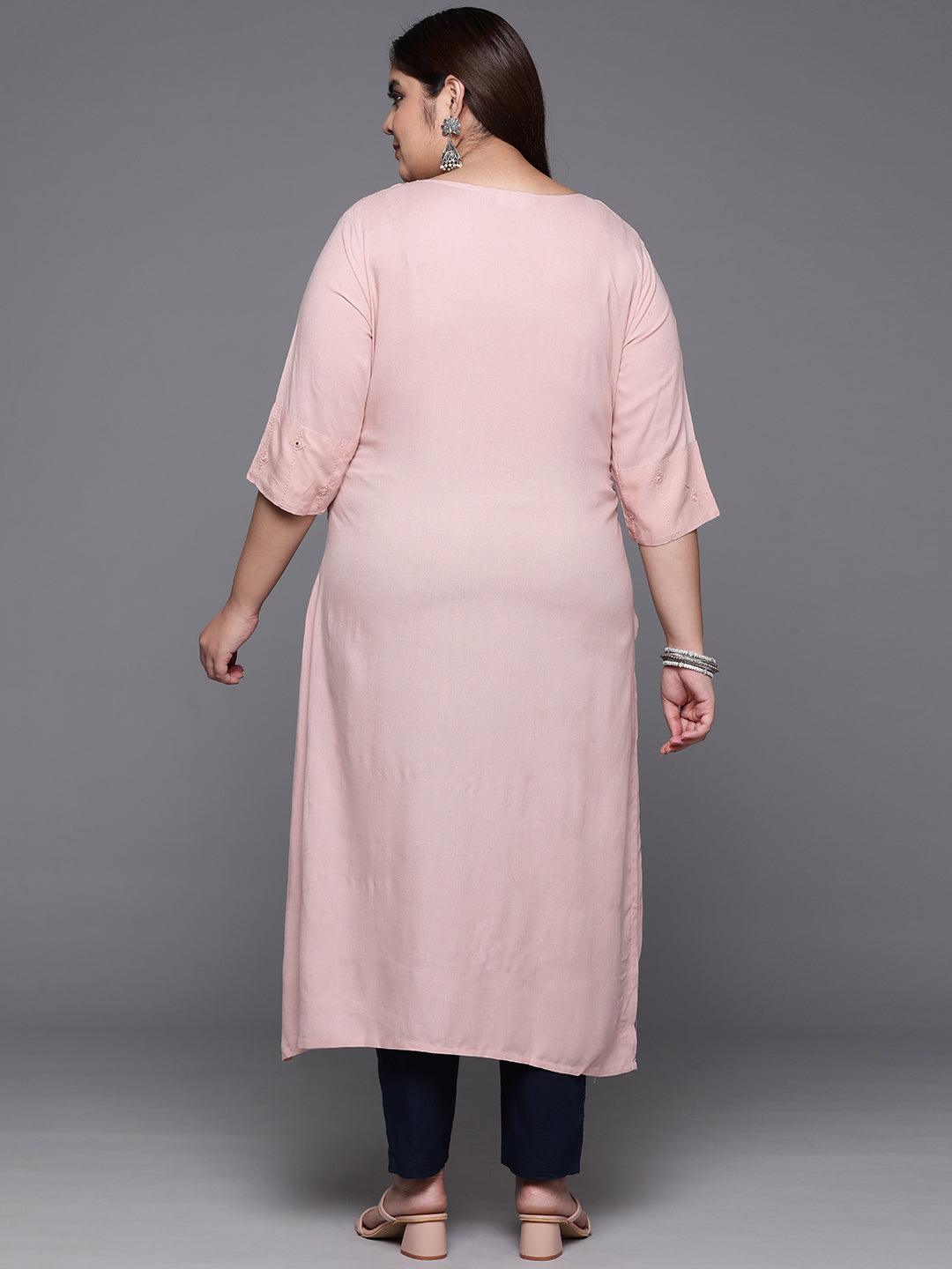 Plus Size Pink Embroidered Rayon Straight Kurta